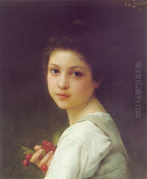 Portrait Of A Young Girl With Cherries Oil Painting by Charles Amable Lenoir