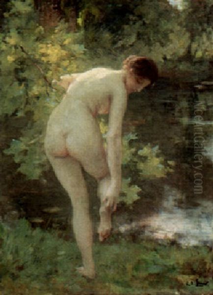 A Nude Bather By A Wooded Lake Oil Painting by Charles Amable Lenoir