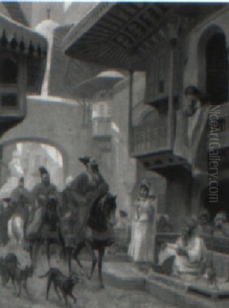 An Arab Procession Through A Village Street Oil Painting by Paul-Marie Lenoir