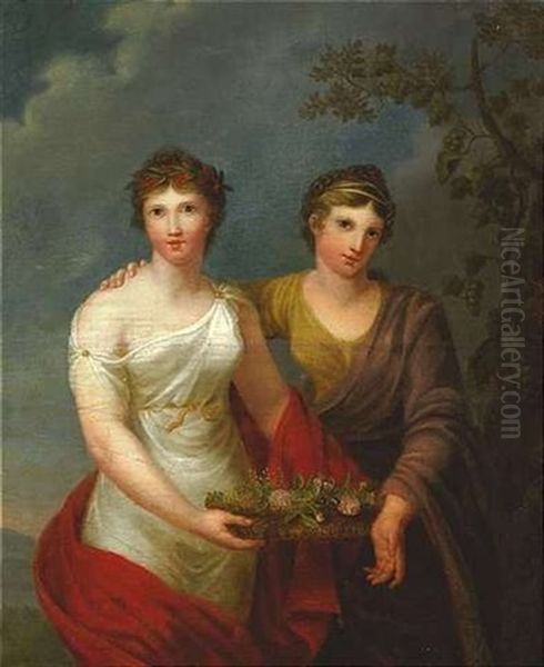 Personifikation Der Freundschaft Und Dankbarkeit. Zwei Stehende, Weibliche Figuren, Einen Korb Mit Blumen Haltend Oil Painting by Andries Cornelis Lens