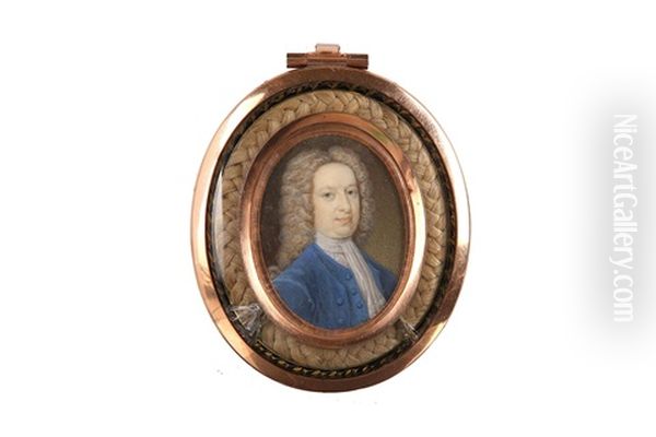 Portrait Miniature Of A Gentleman, Wearing A Blue Coat. Blue Waistcoat And Tied White Cravat, With A Long Curled Wig Oil Painting by Bernard (Goupy) Lens III