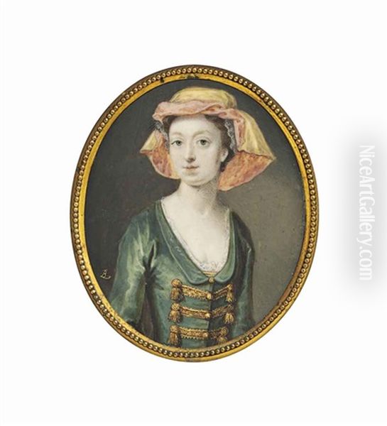 A Young Lady, In Decollete Green Dress, Gold Embroidered Frogged Bodice, Wearing A Red And Yellow Scarf Over Her Upswept Hair Oil Painting by Bernard (Goupy) Lens III