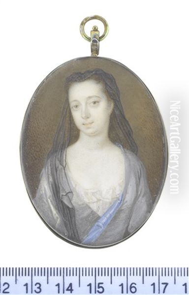 A Lady, Wearing Grey Robe With Blue Lining Over Her White Chemise, Her Dark Hair Upswept, Supporting A Sheer Black Veil Falling Before Her Right Shoulder Oil Painting by Bernard (Goupy) Lens III