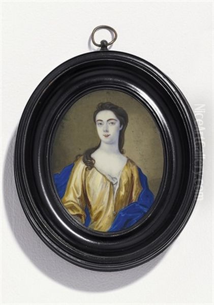 A Young Lady, In Ochre Satin Open Gown With White Lining, Fastened With A Pearl, Ruffled Linen Shift, Royal Blue Satin Mantle, Her Dark Curling Hair Falling Over Her Right Shoulder Oil Painting by Bernard (Goupy) Lens III