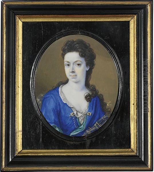 A Young Lady In Royal Blue Satin Open Gown With Celadon Green Lining Oil Painting by Bernard (Goupy) Lens III