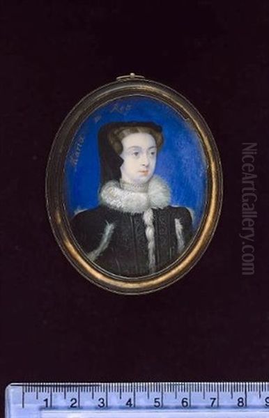 A Noblewoman (mary Queen Of Scots?), Wearing Black Dress With White Fur Edging To The Neck And Sleeves, Pearl Edged Lace Choker And Black Cap Oil Painting by Bernard (Goupy) Lens III