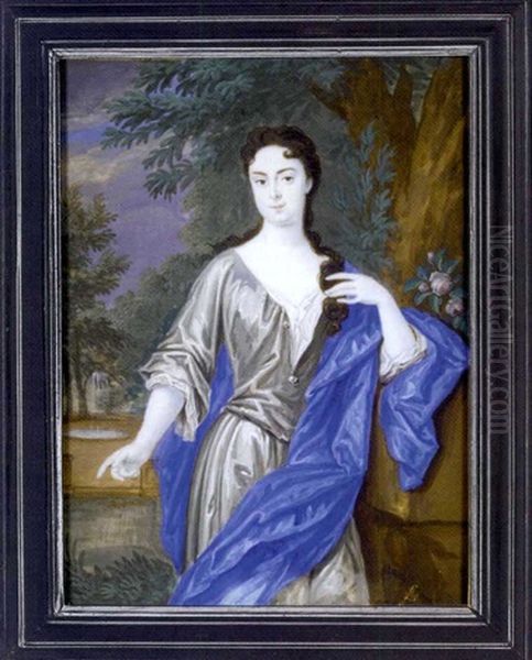 Lady Mary Bertie, Standing With Her Left Elbow Leaning On A Stone Plinth, In Grey Silk Day Dress With White Underdress, Blue Silk Cloak Draped Over Her Left Shoulder ... Oil Painting by Bernard (Goupy) Lens III