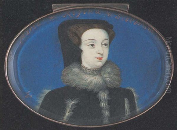 An Unknown Lady (mary Queen Of Scots?), Wearing Black Dress With White Fur Edging To The Neck And Sleeves, Pearl Set Grey Choker And Black Cap Oil Painting by Bernard (Goupy) Lens III