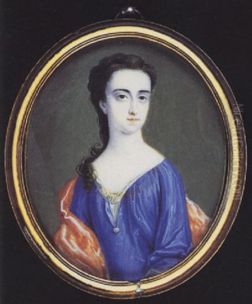 A Noblewoman Wearing Blue Robes With White Underdress, A Pearl At Her Corsage And A Red Cloak Over Her Shoulders... Oil Painting by Bernard (Goupy) Lens III