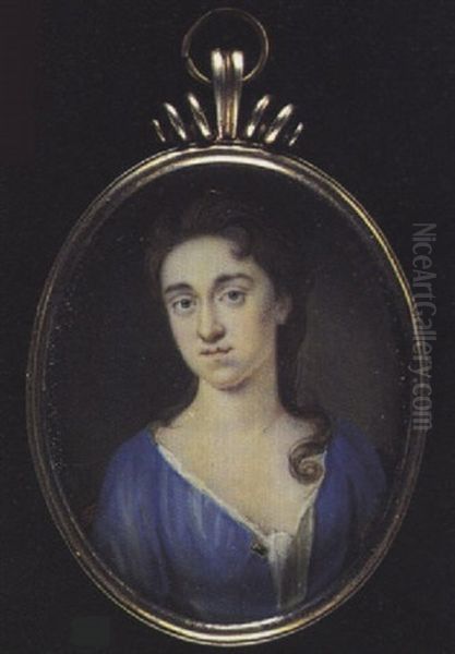 A Noblewoman Wearing Blue Robes With White Underdress, A Gold Jewelled Brooch, A Red Cloak, Her Hair Loose Oil Painting by Bernard (Goupy) Lens III