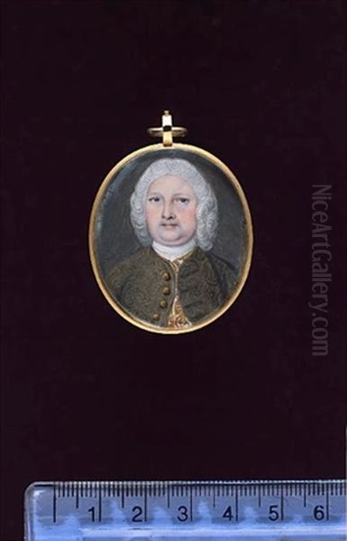 A Gentleman, Wearing Embroidered Brown Coat, Gold Figured White Waistcoat, White Stock And Powdered Wig Oil Painting by Peter Paul Lens