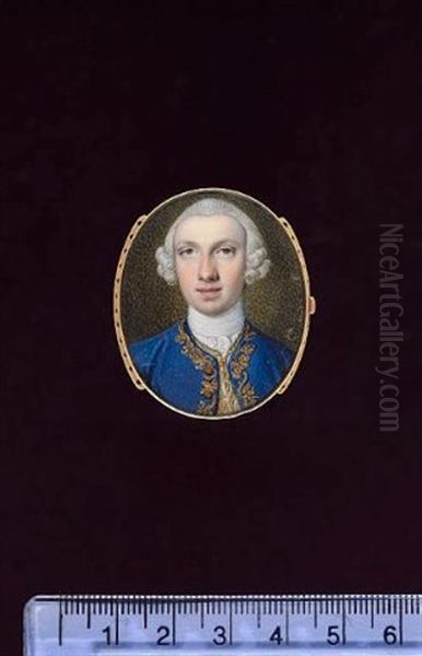 A Gentleman Wearing Royal Blue Coat With Gold Frogging In A Foliate Motif, White Waistcoat, Frilled White Chemise, Stock And Powdered Wig Oil Painting by Peter Paul Lens