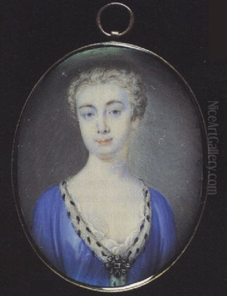 A Noblewoman Wearing Ermine-trimmed Blue Robes Held With A Jewelled Brooch, White Underdress, Her Hair Powdered Oil Painting by Peter Paul Lens