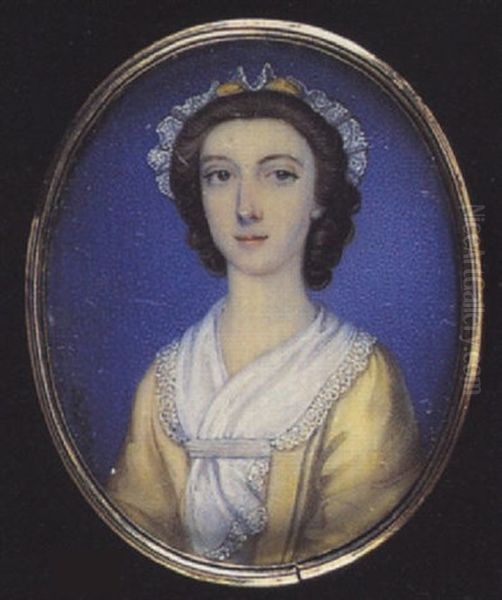 A Young Lady Wearing Pale Yellow Dress, White Scarf With Ribbon At Her Corsage And White Lace Cap With Yellow Ribbon In Her Curled Hair Oil Painting by Peter Paul Lens