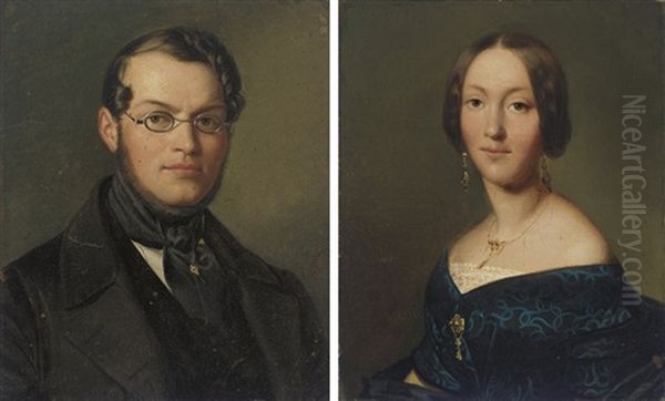 Portrait Of A Gentleman, Bust-length, In A Black Coat And Glasses (+ Portrait Of A Lady, Bust-length, In A Black Dress And Gold Jewelry; Pair) Oil Painting by Gaston Lenthe