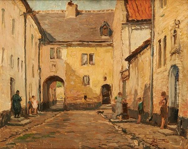 Les Enfants Sur Les Pas-de-porte Oil Painting by Jules Lentrein