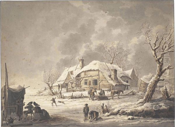 Skaters On A Lake Beside A Cottage Oil Painting by Johannes Adriaansz. Bemme