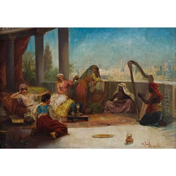 Orientalische Szene Mit Harfenspieler Vor Haremsdame Oil Painting by Carl Libert August Lentz