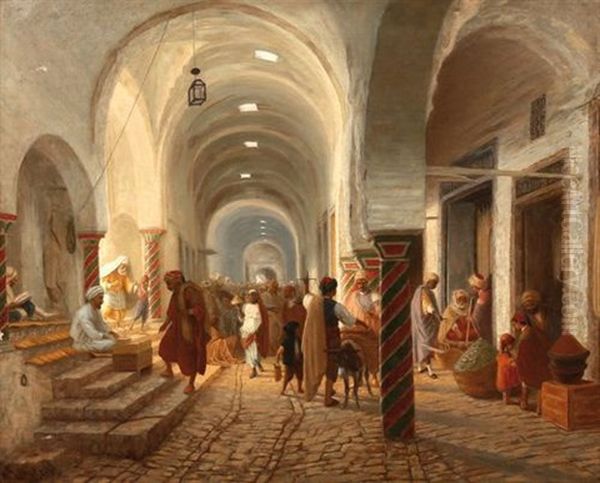 Rue Animee De La Medina A Tunis Oil Painting by Carl Libert August Lentz