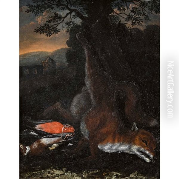 Jagdstillleben Mit Fuchs, Stieglitz Und Dompfaff Oil Painting by Johann Jakob Anton von Lenz