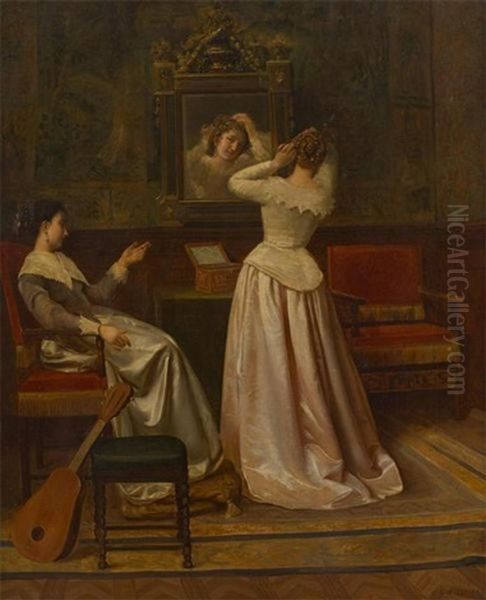 Conversation De Jeunes Filles Oil Painting by Ignacio de Leon Escosura