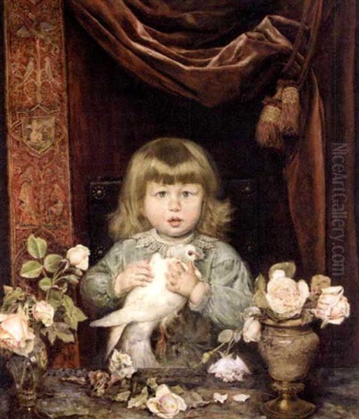 Nina Con Paloma (girl With A Dove) Oil Painting by Ignacio de Leon Escosura