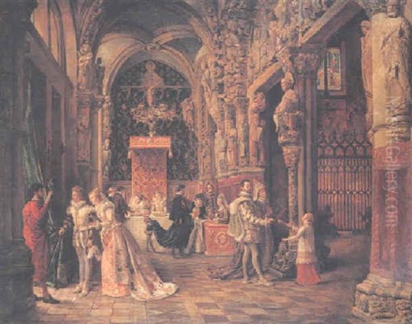 Portico De La Gloria, Cathederal Of Santiago De Compostela (le Marquises Queteuses Au Moyen Age) Oil Painting by Ignacio de Leon Escosura