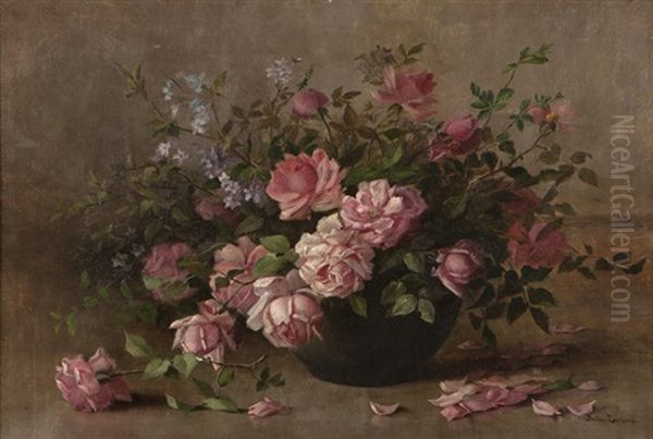 Still Life With Pink Roses And Lilacs Oil Painting by Julia I. Leonard