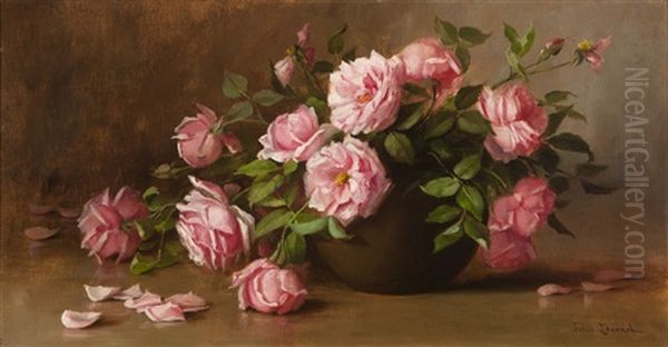 Pink Roses On A Tabletop Oil Painting by Julia I. Leonard