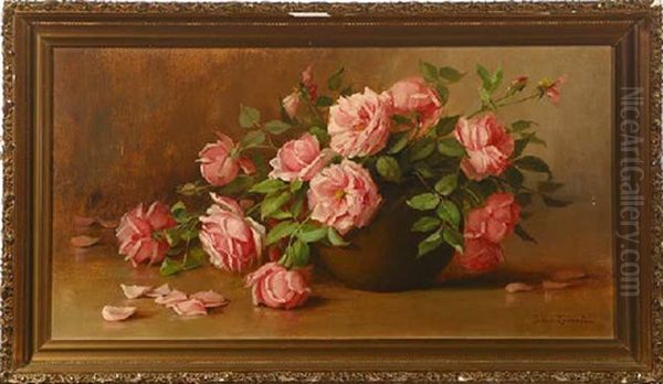 Pink Roses On Table Top Oil Painting by Julia I. Leonard