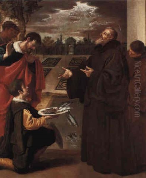 St. Francis Of Paola Blessing The Fish Oil Painting by Jose (Jusepe) Leonardo de Chavier