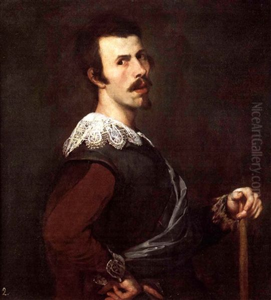 Portrait Of A Man Holding Staff Oil Painting by Jose (Jusepe) Leonardo de Chavier