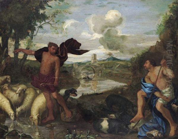 Paesaggio Arcadico, Bucolico Con Due Figure Di Pastori: Arkadische Landschaft Mit Zwei Hirten Oil Painting by Andrea di Leone