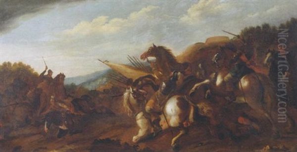 A Cavalry Skirmish Oil Painting by Andrea di Leone