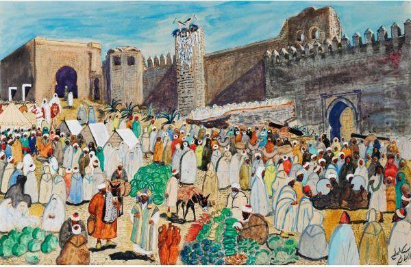 Marche Et Jour De Fete Devant La Kasbah Des Oudayas A Rabat Oil Painting by Mohammed Ben Ali R'Bati