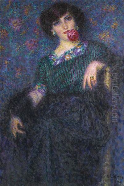 Lady With A Rose Oil Painting by Enrico della (Lionne) Leonessa