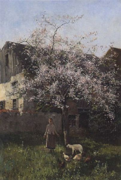 Fruhling In Dachau-etzenhausen: Bauernmadchen Mit Lamm Und Huhnern Unter Einem Bluhenden Obstbaum Vor Dem Gehoft Oil Painting by Johannes Leonhard