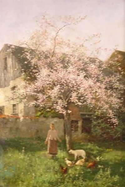 Madchen Mit Huhnern Und Einem Lamm Unter Einem Bluhenden Kirschbaum Oil Painting by Johannes Leonhard