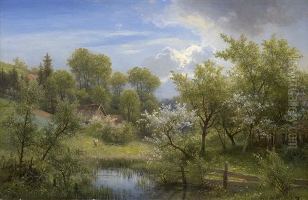 Im Monat Mai: Bluhende Obstbaume In Loschwitz Oil Painting by Eduard Emil August Leonhardi