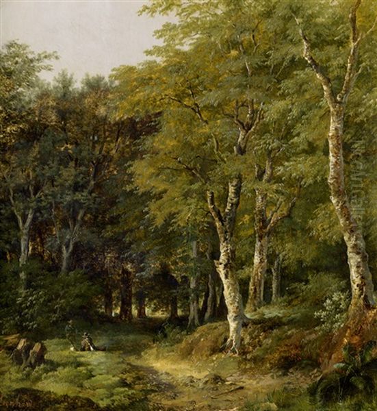 Waldpartie Mit Zwei Jagern Oil Painting by Eduard Emil August Leonhardi