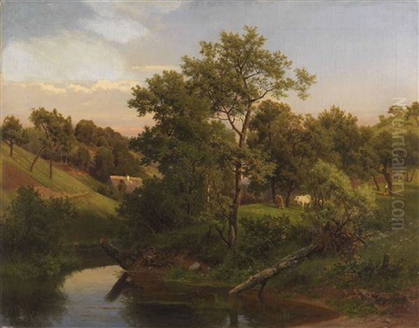 Flussaue Mit Bauernhaus Und Viehhirte Oil Painting by Eduard Emil August Leonhardi