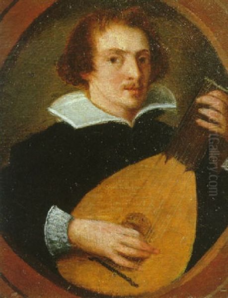 Portrait Of A Musician Playing A Lute In A Painted Oval Oil Painting by Ottavio Maria Leoni