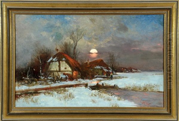 Norddeutsches Dorf In Winterlandschaft Bei Abendstimmung by Carl Leopold