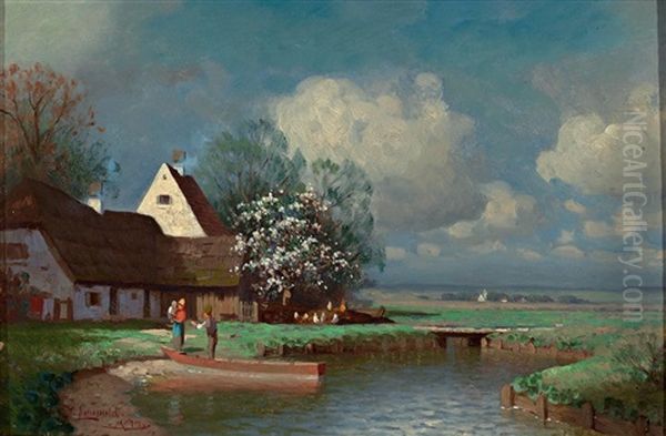 Fruhlingsidyll Mit Bauernhof Am Ufer Eines Weihers Oil Painting by Carl Leopold