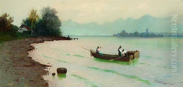 Chiemseelandschaft Mit Fischerboot, Im Hintergrund Blick Auf Die Fraueninsel Oil Painting by Carl Leopold