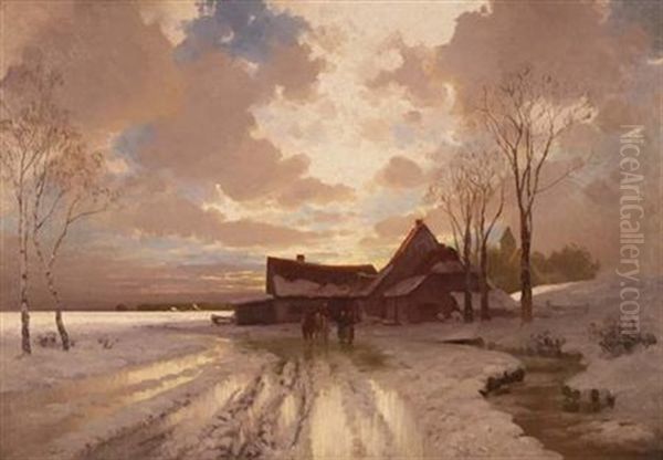 Sunset Winterscape Oil Painting by Carl Leopold