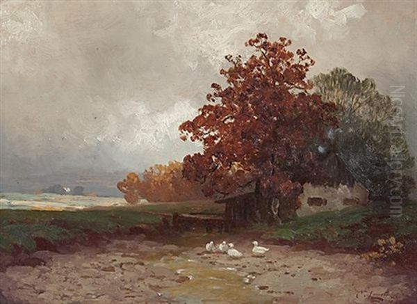 Chiemgaulandschaft Mit Enten Vor Einem Haus Oil Painting by Carl Leopold