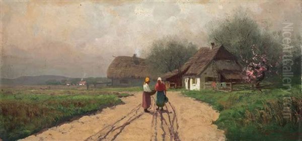 Zwei Bauerinnen Unterhalten Sich Auf Einem Feldweg Vor Einem Bauernhof Oil Painting by Curt Leopold