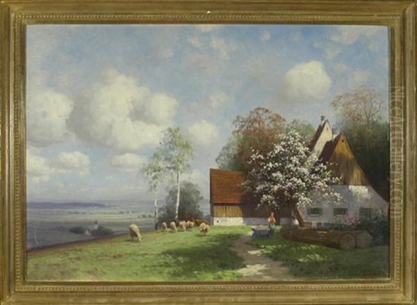 Hof Mit Kleiner Schafherde In Weiter Oberbayerischer Sommerlandschaft Oil Painting by Curt Leopold