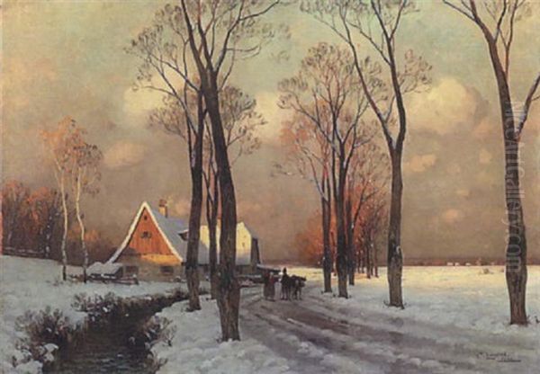 Abendsonne Uber Winterlandschaft Mit Bauernhaus Oil Painting by Curt Leopold